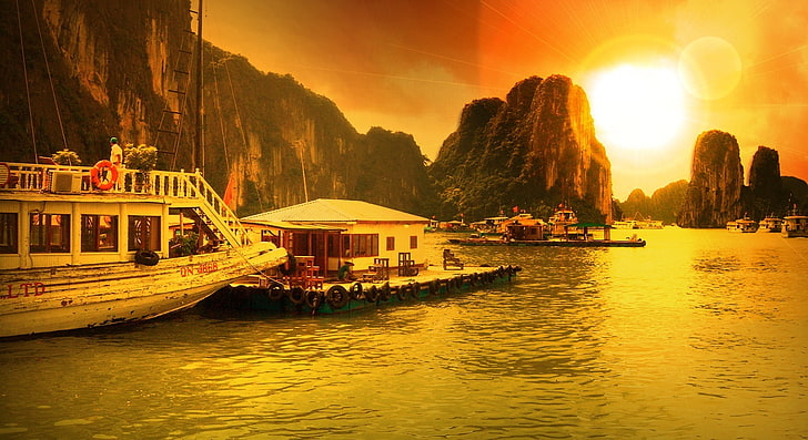 Vietnam, Bahía de Ha Long, barco blanco, Aero, Creativo, Fondo de pantalla HD