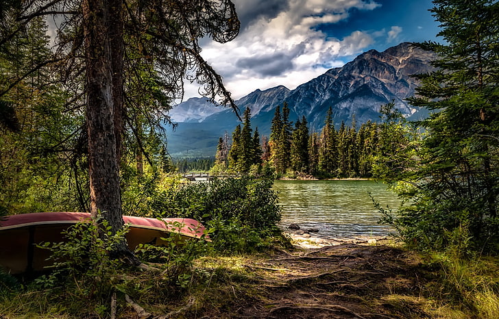 canoë en bois rouge, paysage, lac, pins, forêt, bateau, nature, montagnes, plantes, arbres, eau, Fond d'écran HD