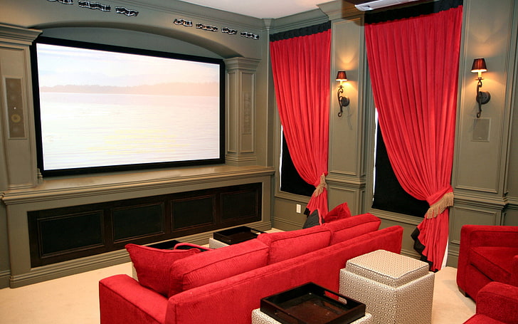 червени завеси за прозорци, стая, киносалон, диван, екран, стил, интериор, HD тапет
