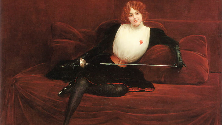 женщины, рыжая, меч, интерьер, произведение искусства, живопись, Жан Беро, HD обои