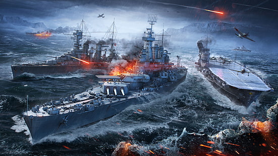 mar, navios de guerra, World of Warships, jogos para PC, videogames, navio, arte de videogame, guerra, HD papel de parede HD wallpaper