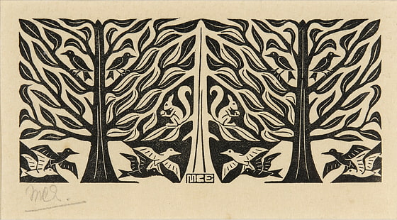 två svarta barrträdmålningar, vit och svart trädillustration, teckning, konstverk, M. C. Escher, optisk illusion, symmetri, skisser, djur, träd, fåglar, ekorre, löv, svartvit, signaturer, HD tapet HD wallpaper