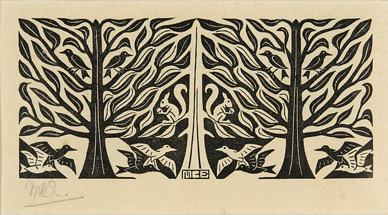 monochrome, leaves, symmetry, drawing, M. C. Escher, signatures, optical illusion, artwork, squirrel, animals, trees, sketches, birds, HD wallpaper HD wallpaper