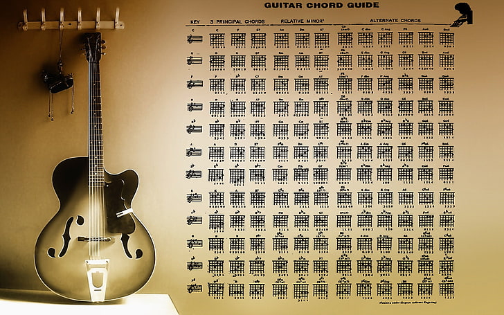 guitar chord guide book, guitar, music, musical notes, musical instrument, HD wallpaper