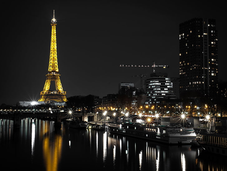 Monuments, Tour Eiffel, Bateau, France, Lumière, Monument, Nuit, Paris, Réflexion, Rivière, Fond d'écran HD