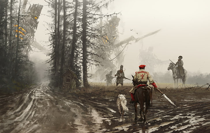 soldato su pittura forestale, opere d'arte, fantascienza, Jakub Różalski, Sfondo HD