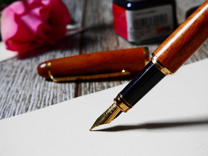 blur, close up, desk, fountain pen, indoors, ink, paper, pen, rose, still life, wood, HD wallpaper