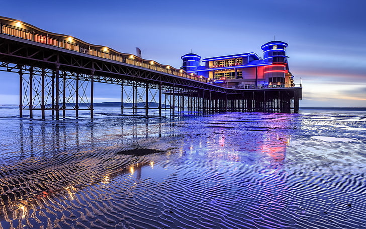 England, Blue Hour, Space Invaders, Weston-super-Mare, Relfection, HD wallpaper