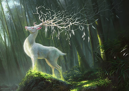 fantasy, forest, horns, animal, digital art, artwork, branches, fantasy art, creature, illustration, Deer, white deer, HD wallpaper HD wallpaper