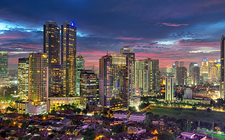 Jakarta, Endonezya, şehrin havadan görünümü fotoğrafçılığı, Jakarta, Endonezya, akşam, şehir, başkent, HD masaüstü duvar kağıdı