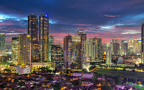 จาการ์ตาอินโดนีเซียภาพถ่ายมุมมองทางอากาศของเมืองจาการ์ตาอินโดนีเซียตอนเย็นเมืองเมืองหลวง, วอลล์เปเปอร์ HD HD wallpaper