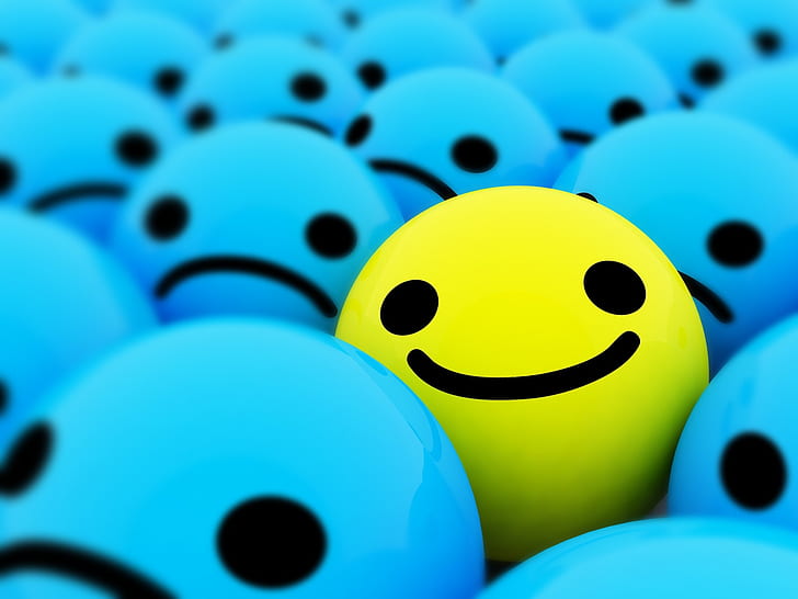 Feliz sorrindo rostos 3D, feliz, sorriso, 3D, azul, HD papel de parede