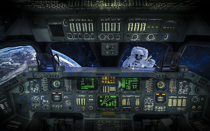 Spaceship cockpit, black and grey spaceship controllers, fantasy, 2560x1600, spaceship, earth, astronaut, cockpit, HD wallpaper