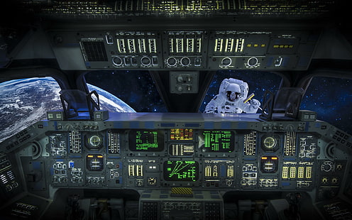 Кабина космического корабля, контроллеры космического корабля черного и серого цветов, фэнтези, 2560x1600, космический корабль, земля, космонавт, кабина, HD обои HD wallpaper