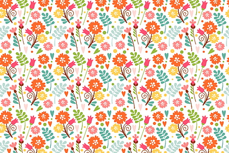 белые и разноцветные цветочные цифровые обои, цветы, узор, весна, HD обои HD wallpaper