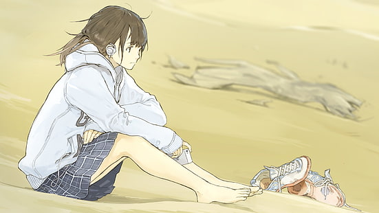 흰색 까마귀 그림, 원래 캐릭터, 치마, 해변, 애니메이션 소녀, 맨발, 헤드폰에 검은 머리 여자, HD 배경 화면 HD wallpaper