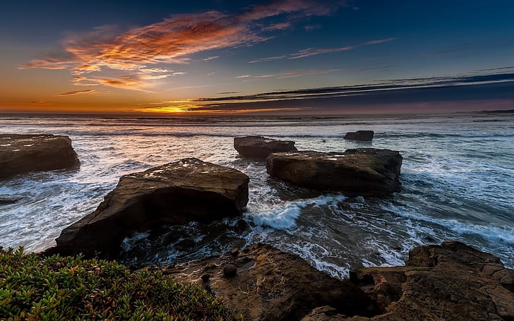 Sunset, sea, rocks, evening, brown rocks in seashore during sunset, Sunset, Sea, Rocks, Evening, HD wallpaper