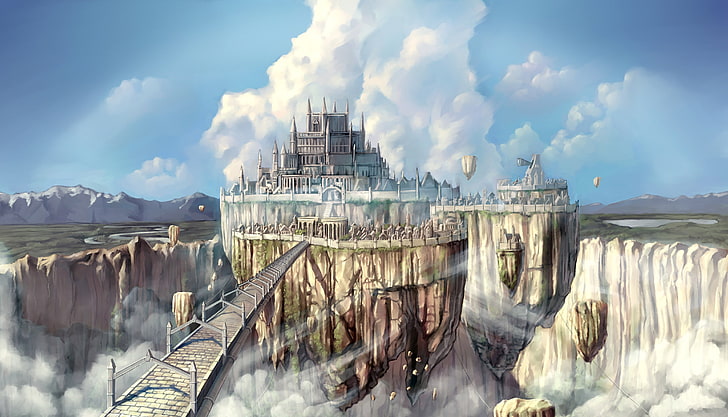château flottant, ragnarok en ligne, jeux anime, nuages, scénique, vallée, anime, Fond d'écran HD