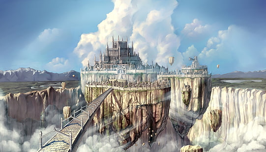 castello galleggiante, ragnarok online, giochi anime, nuvole, scenico, valle, anime, Sfondo HD HD wallpaper