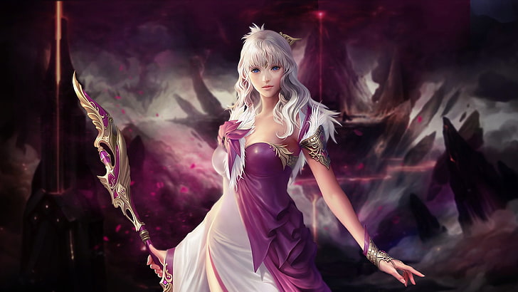 fairy in purple and white dress wallpaper, PC gaming, video games, mmorpg, cabal, Cabal II, long hair, violet hair, blue eyes, scepters, women, fantasy weapon, dress, vulcan, dust, HD wallpaper