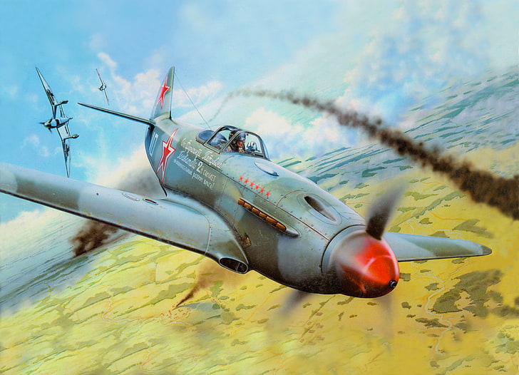 graue Kampfflugzeugillustration, Abbildung, Kämpfer, Schlacht, das Yak-3, Yakovlev, HD-Hintergrundbild
