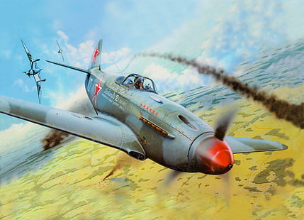 серый истребитель, иллюстрация, рисунок, истребитель, бой, Як-3, Яковлев, HD обои HD wallpaper
