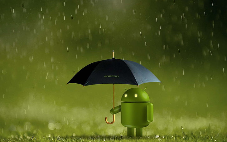 android, pleut, parapluie noir, technologie, Fond d'écran HD
