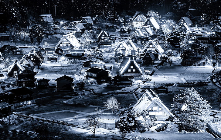 winter, snow, night, lights, home, Japan, valley, the island of Honshu, Gokayama, Shirakawa-go, HD wallpaper