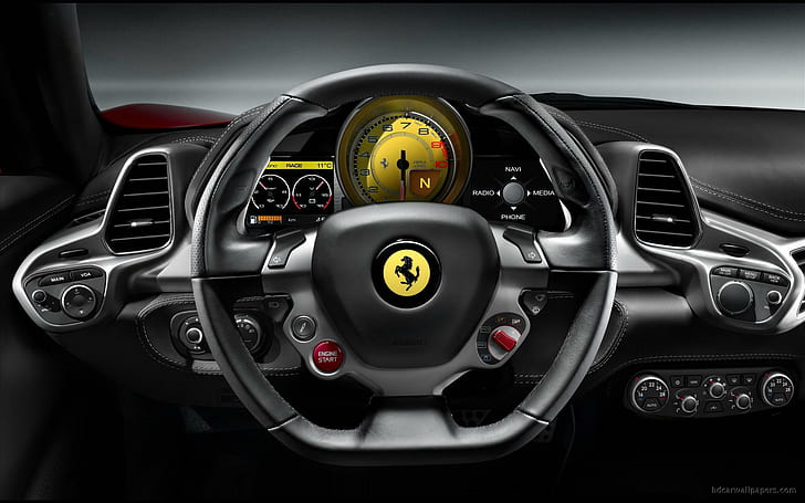Ferrari 458 Italia Wnętrze, czarna kierownica ferrari, wnętrze, ferrari, italia, samochody, Tapety HD