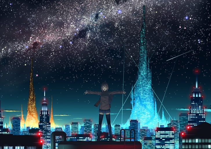 Girl standing on top of the building illustration, Anime, City, Night,  Stars, HD wallpaper | Wallpaperbetter