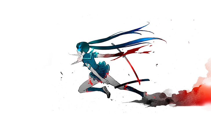 personagem de anime feminina segurando papel de parede espada, anime, Black Rock Shooter, katana, uniforme escolar, fundo simples, fundo branco, olhos azuis, cabelos azuis, sangue, meninas anime, HD papel de parede