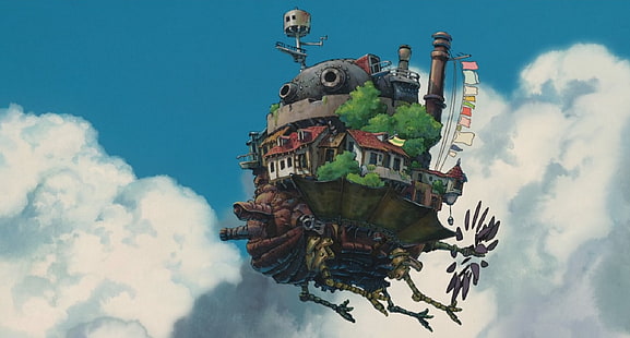 painting of flying house, Studio Ghibli, Howl's Moving Castle, anime, movies, HD wallpaper HD wallpaper