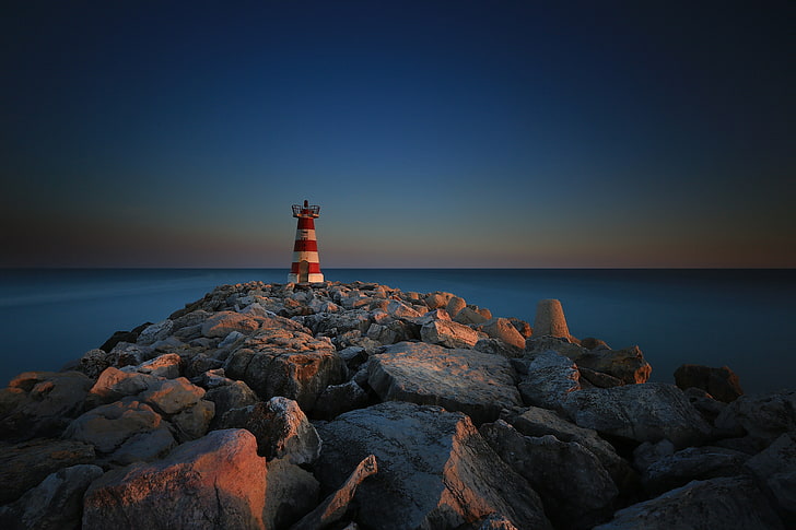 sea, stones, lighthouse, Portugal, Faro, the breakwater, Vilamoura, HD wallpaper