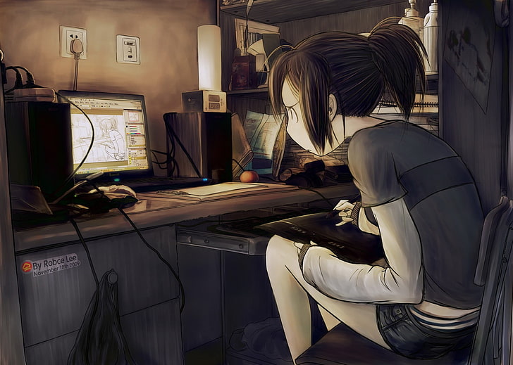 женщина, использующая компьютер, иллюстрирующая, подробная, компьютер, аниме девушки, оригинальные персонажи, HD обои