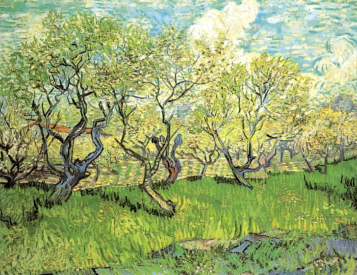 çimen, bulutlar, ağaçlar, Vincent van Gogh, Çiçeği 2, Meyve Bahçesi, HD masaüstü duvar kağıdı