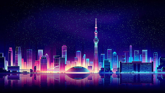 Токио, город, здания, иллюстрация, Romain Trystram, HD обои HD wallpaper