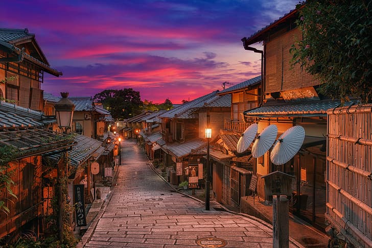 街、通り、家、夕方、日本、照明、照明、京都、 HDデスクトップの壁紙