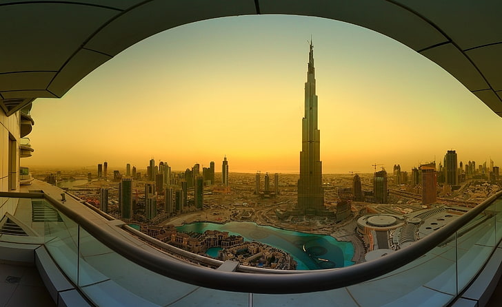 Бурж Халифа, ОАЕ, Дубай, Бурж Дубай, изгрев, залез, красота, град, HD тапет