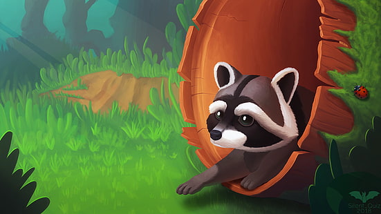 Little Raccoon In Forest Arwork, HD wallpaper HD wallpaper