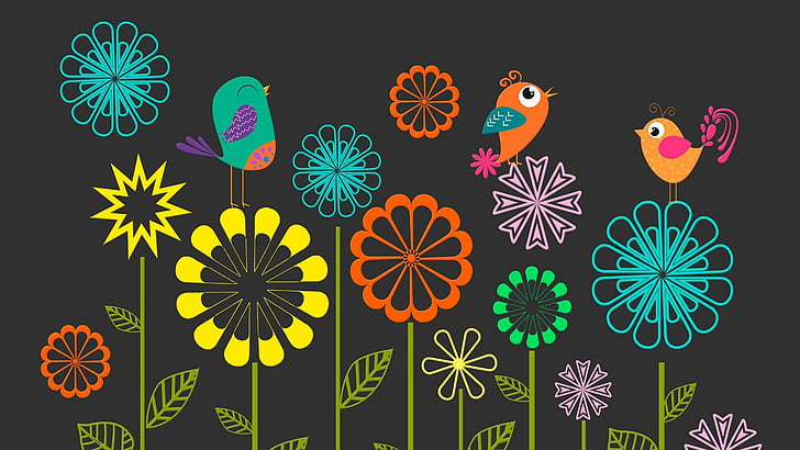 pássaros, flores, arte, HD papel de parede