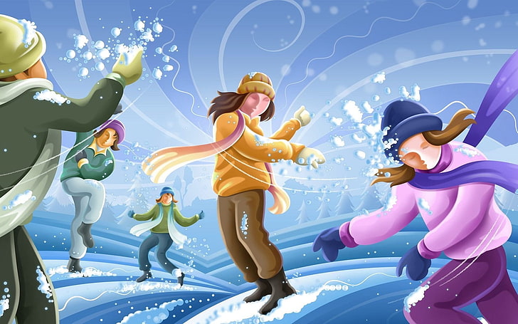 雪のデジタル壁紙、冬、人々、喜び、ポジティブ、雪玉、雪のドリフト、スカーフを演奏する人々のグループ、 HDデスクトップの壁紙