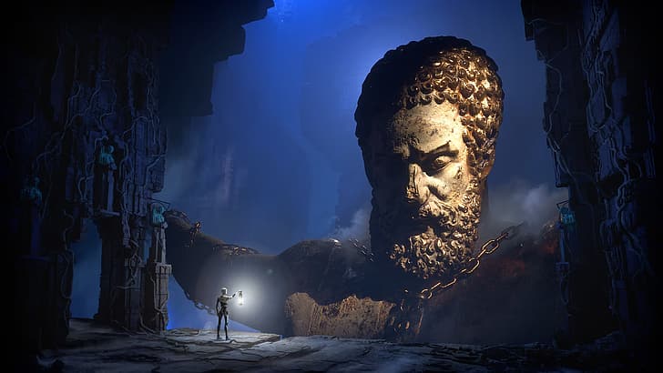 video game art, The Talos Principle, lamp, statue, chains, robot, ruins, HD wallpaper