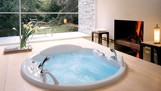 white ceramic bathtub, bath, interior, HD wallpaper HD wallpaper