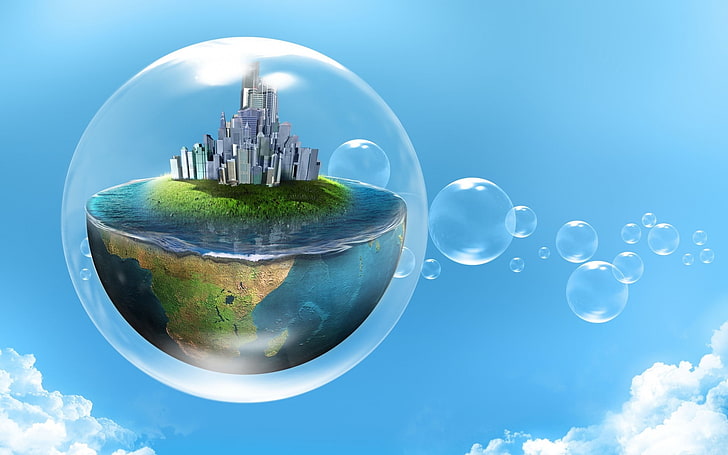planeta tierra dentro de la ilustración de la burbuja, arte de fantasía, burbujas, arte digital, esfera, Fondo de pantalla HD