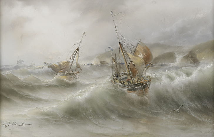 волна, шторм, чайки, герман густав силлен, море и корабли, шведская живопись, HD обои