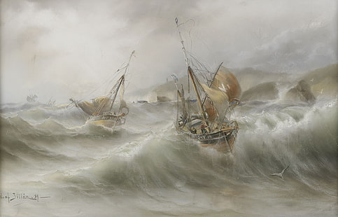  wave, storm, seagulls, Herman Gustav Sillen, The sea and ships, Swedish painting, HD wallpaper HD wallpaper