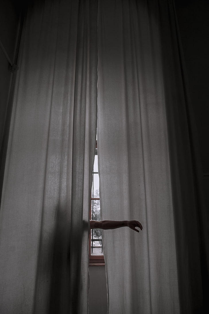 white window curtain, hand, curtain, man, window, shadow, creative, mystery, HD wallpaper
