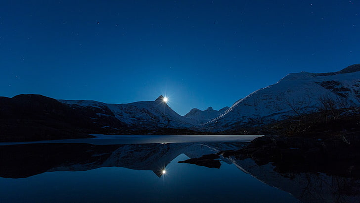 white mountain, calm waters, calm, landscape, nature, night, mountains, HD wallpaper