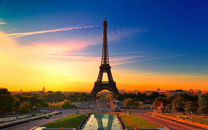 Eiffeltornet i Paris under solnedgången, Eiffeltornet Paris Frankrike, Eiffel, Paris, solnedgången, Frankrike, tornet, världen, HD tapet