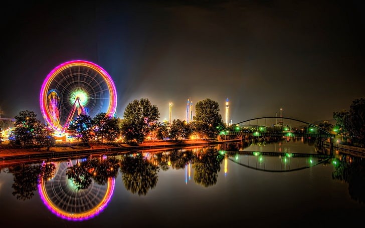 photographie accélérée de la grande roue, ville, parc, promenade, grande roue, pont, nuit, rivière, Fond d'écran HD